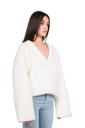 MM6 Maison Margiela White V-Neck Sweater