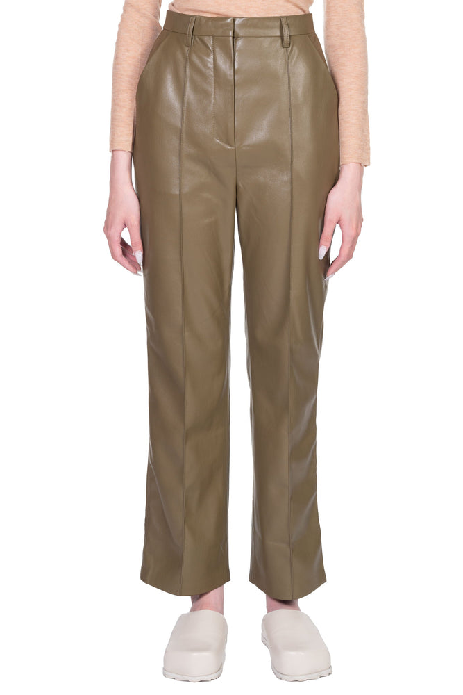 Nanushka Lucee Vegan Leather Straight-Leg Trousers Olive