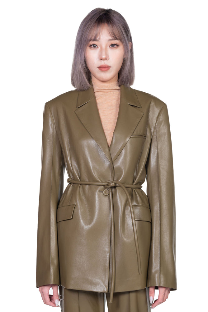 Nanushka Mariko Vegan Leather Tie-Waist Blazer Olive