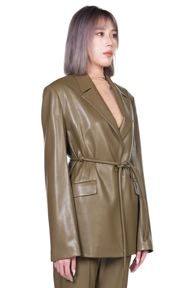 Nanushka Mariko Vegan Leather Tie-Waist Blazer Olive