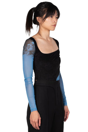 Oude Waag Blue Printed Mesh Velvet Panelled Bodysuit