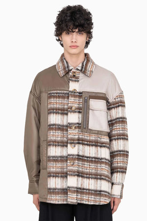 Feng Chen Wang Panelled Flannel Shirt Jacket Khaki